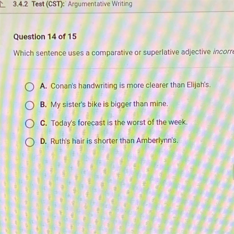 HELP PLEASE Which sentence uses a comparative or superlative adjective incorrectly-example-1