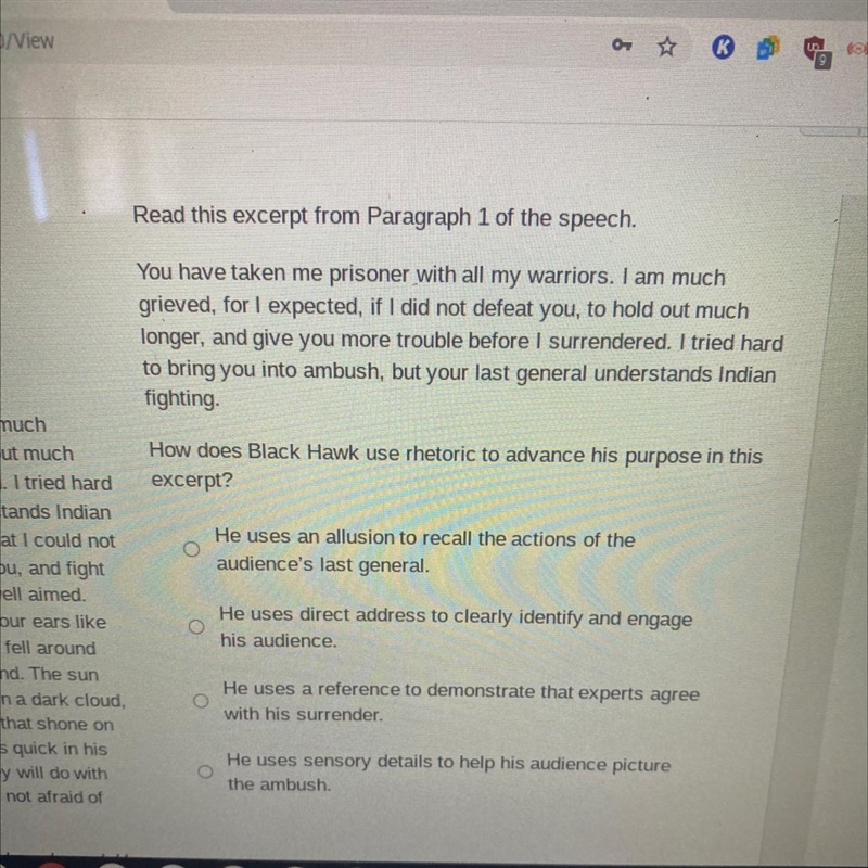 How does Black Hawk use rhetoric to advance his purpose in this excerpt? Picture below-example-1