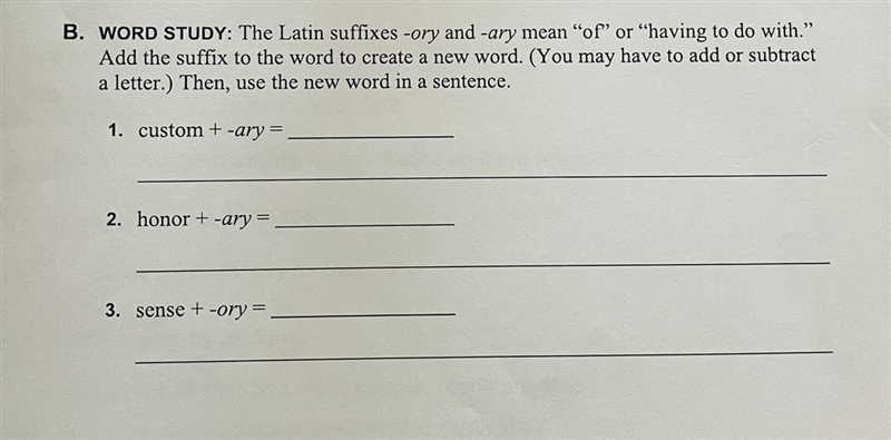 B. WORD STUDY: The Latin suffixes -ory and -ary mean "of" or "having-example-1