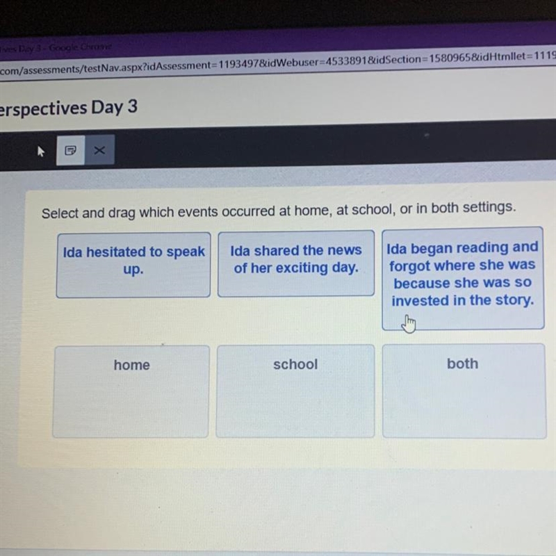 Select and drag which events occurred at home, at school, or in both settings. Ida-example-1