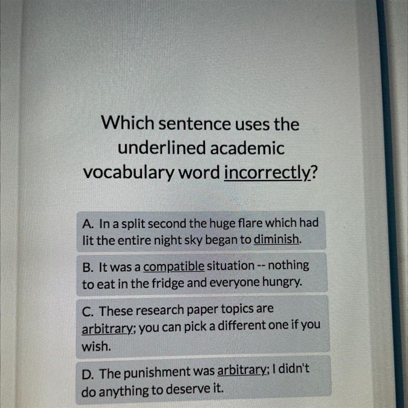 Which sentence uses the underlined academic vocabulary word incorrectly?-example-1