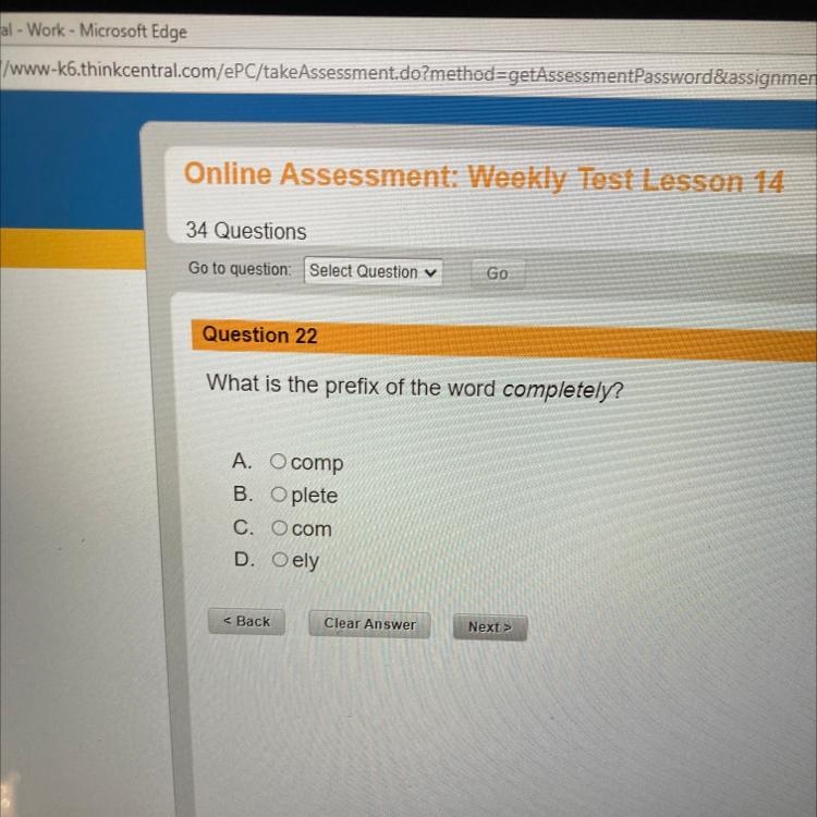 What is the prefix of the word completely? A. comp B. plete C. com D. ely-example-1