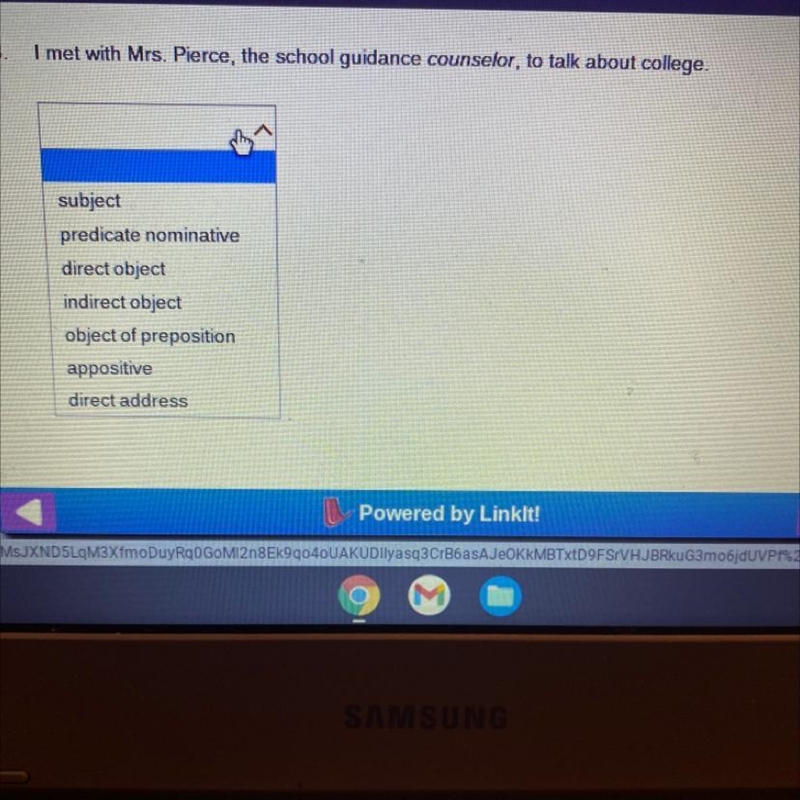 From the drop-down list, identify the italicized word(s) as subject, predicate nominative-example-1