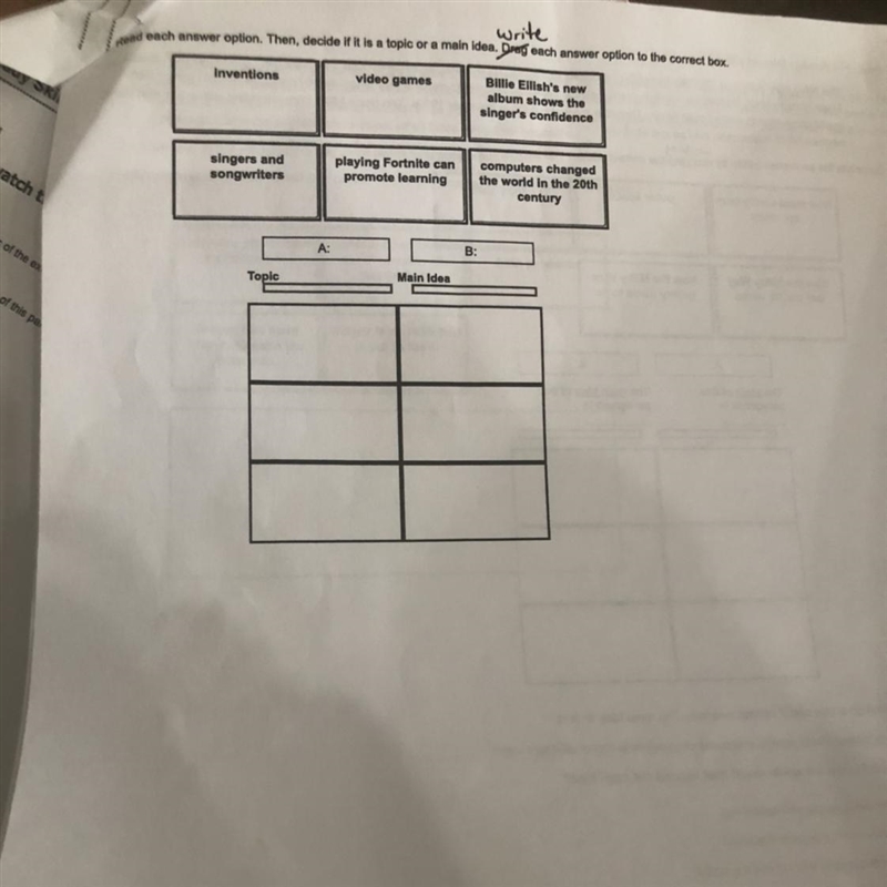 Is it a topic or a main idea? 1) inventions 2) video games 3) Billie news album shows-example-1