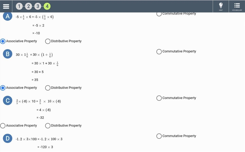 A property of multiplication is used to simplify each expression. Select the property-example-1