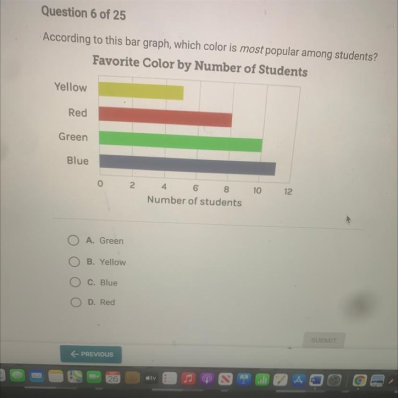 According to this bar graph, which color is most popular among students? Favorite-example-1