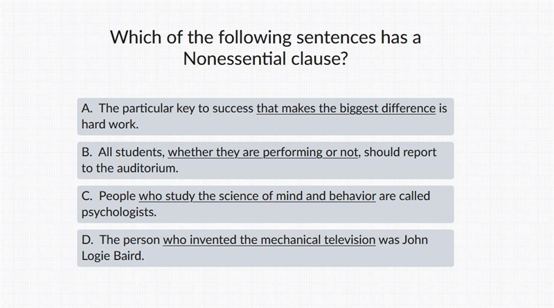 Which of the following sentences has a Nonessential clause?-example-1