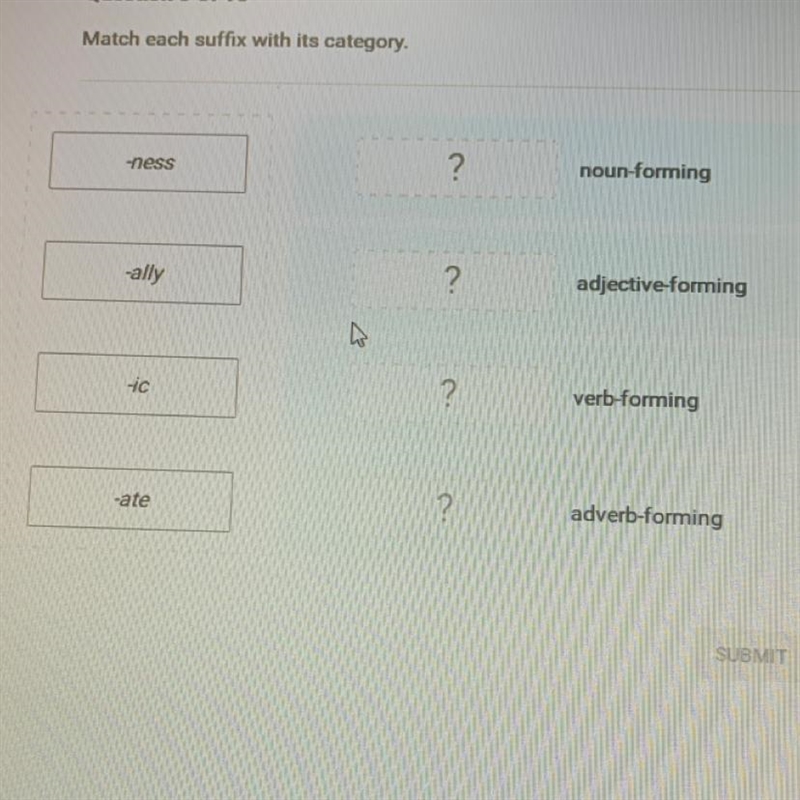 UESLIONS ON TU Match each suffix with its category. -ness ? noun-forming -ally ? adjective-example-1