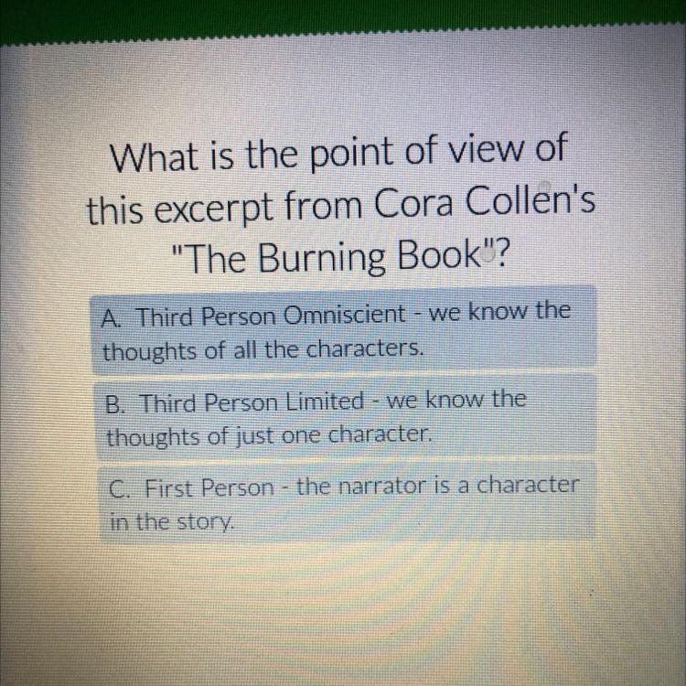 What is the point of view of this excerpt from Cora Collen's "The Burning Book-example-1