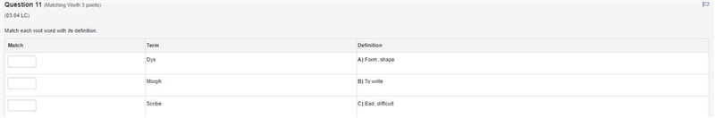 Match each root word with its definition. Match Term Definition Dys A) Form, shape-example-1