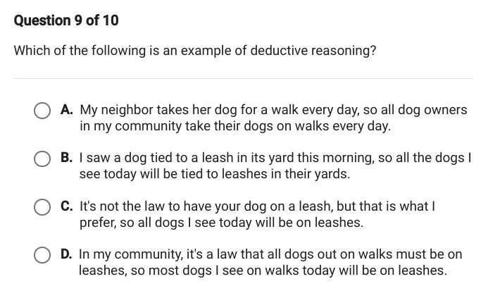 Which of the following is an example of dedutive reasoning?-example-1