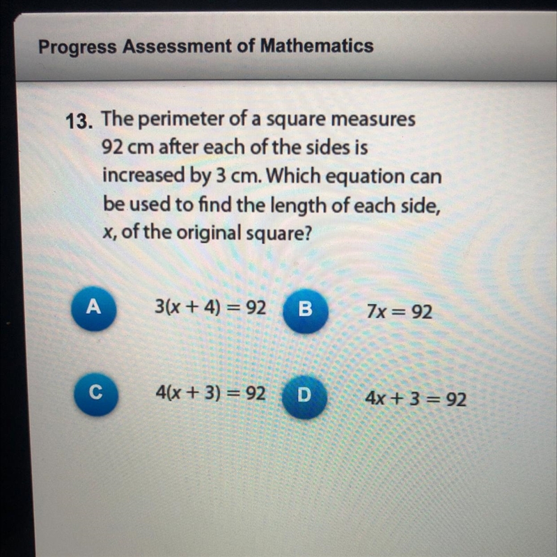 13. The perimeter of a square measures 92 cm after each of the sides is increased-example-1