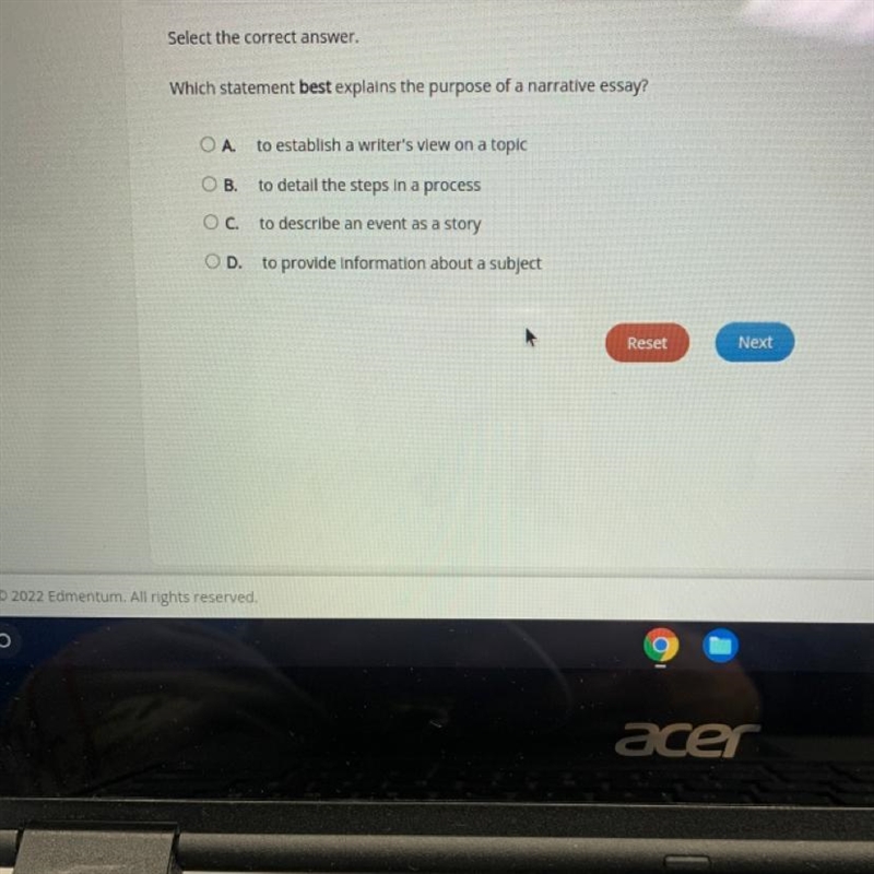 Select the correct answer. Which statement best explains the purpose of a narrative-example-1