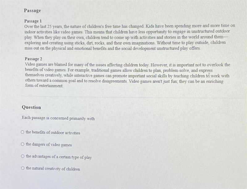 Each passage is concerned primarily with O the benefits of outdoor activities O the-example-1