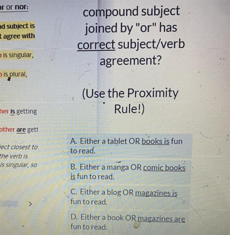 Which sentence with a compound subject joined by "or" has correct subject-example-1