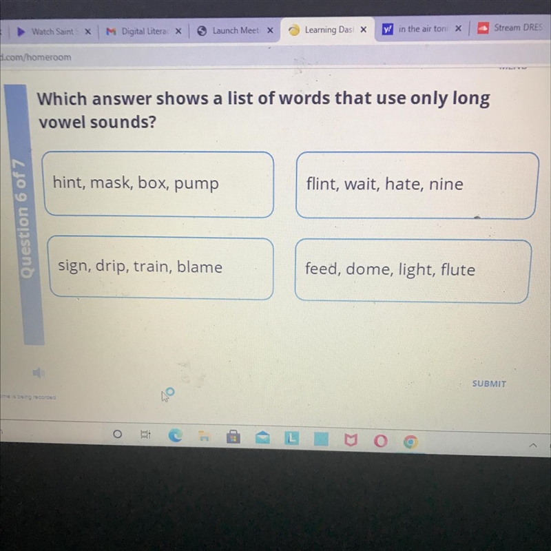 Which answer shows a list of words That use only long vowel sounds-example-1