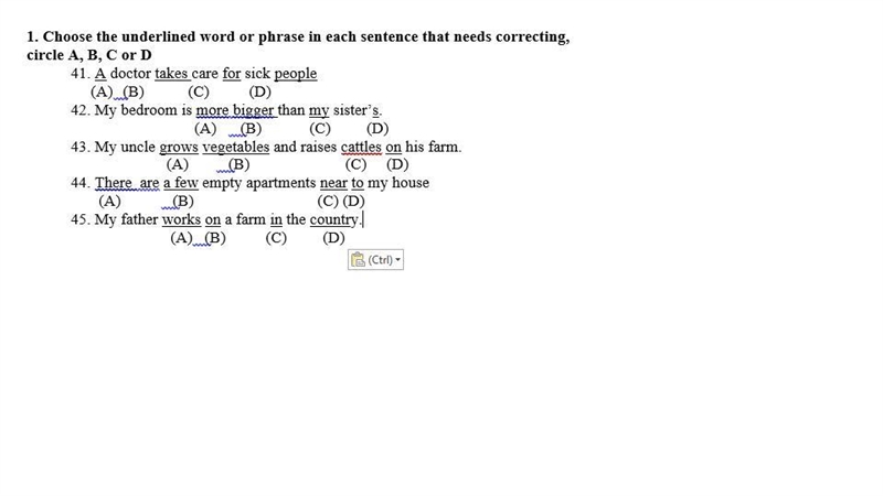 1. Choose the underlined word or phrase in each sentence that needs correcting, circle-example-1