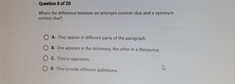 What's the difference between an antonym context clue and a synonym context clue? A-example-1