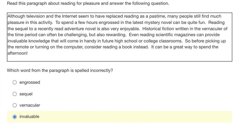 Read this paragraph about reading for pleasure and answer the following question.-example-1