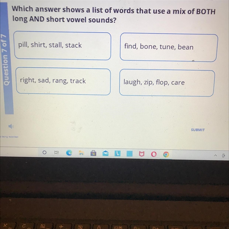 Which answer shows a list of words That use a Mix of both long and short vowel sounds-example-1