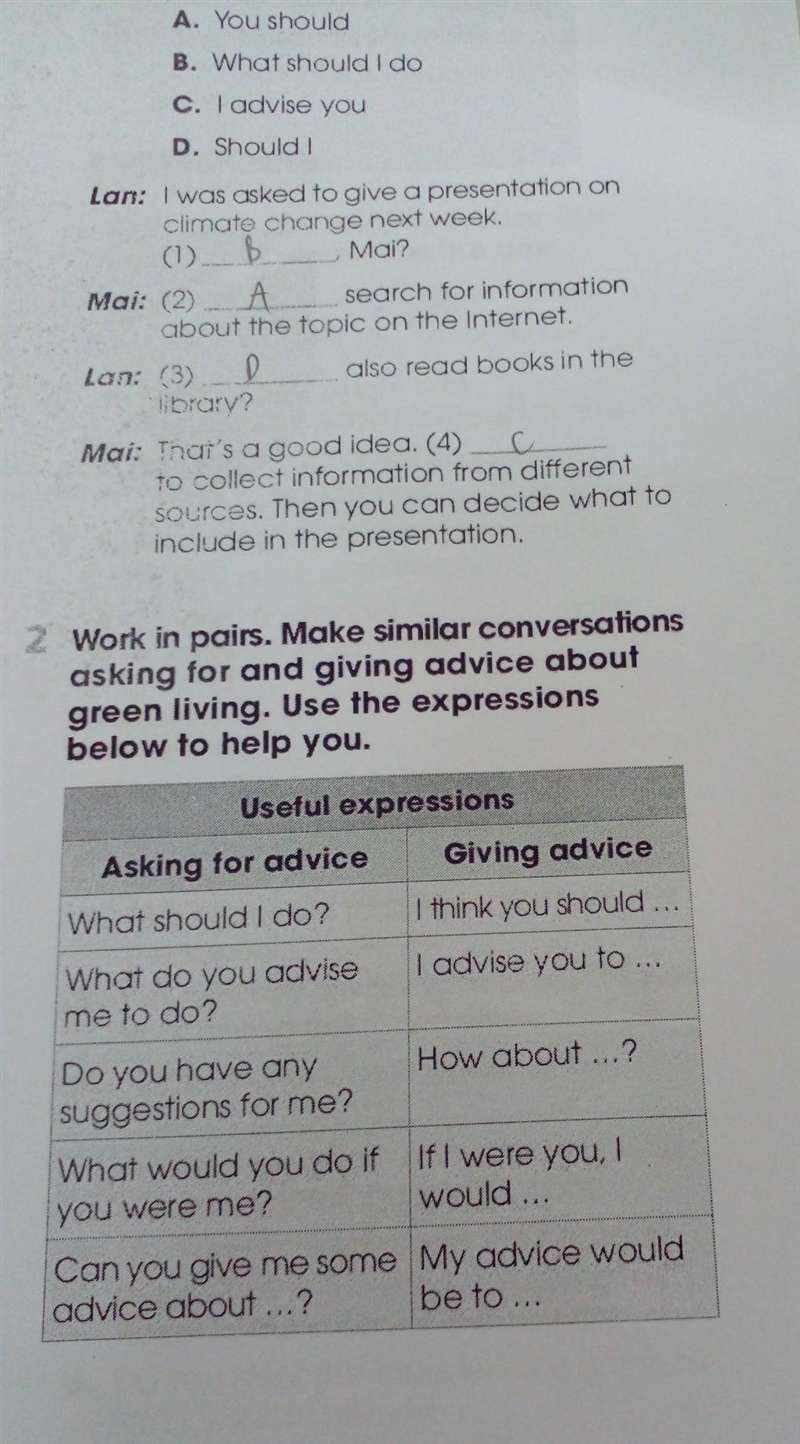 Can you make a conversation about green living by using the expressions below??​-example-1