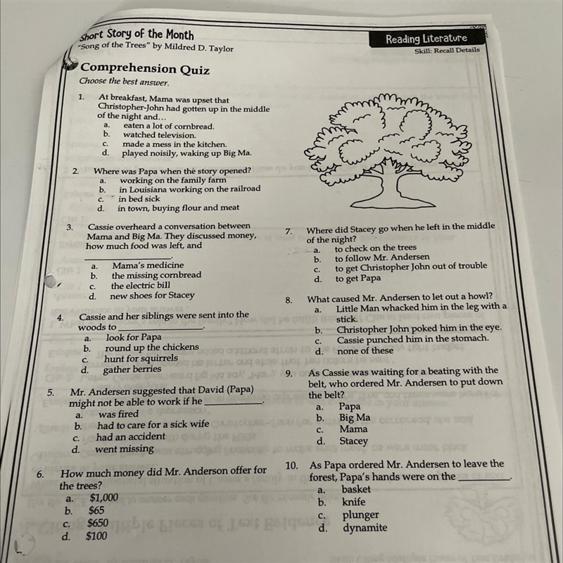 If anyone has read “Song of the Trees,” please, please help me answer these questions-example-1