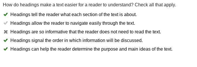 How do headings make a text easier for a reader to understand? Check all that apply-example-1