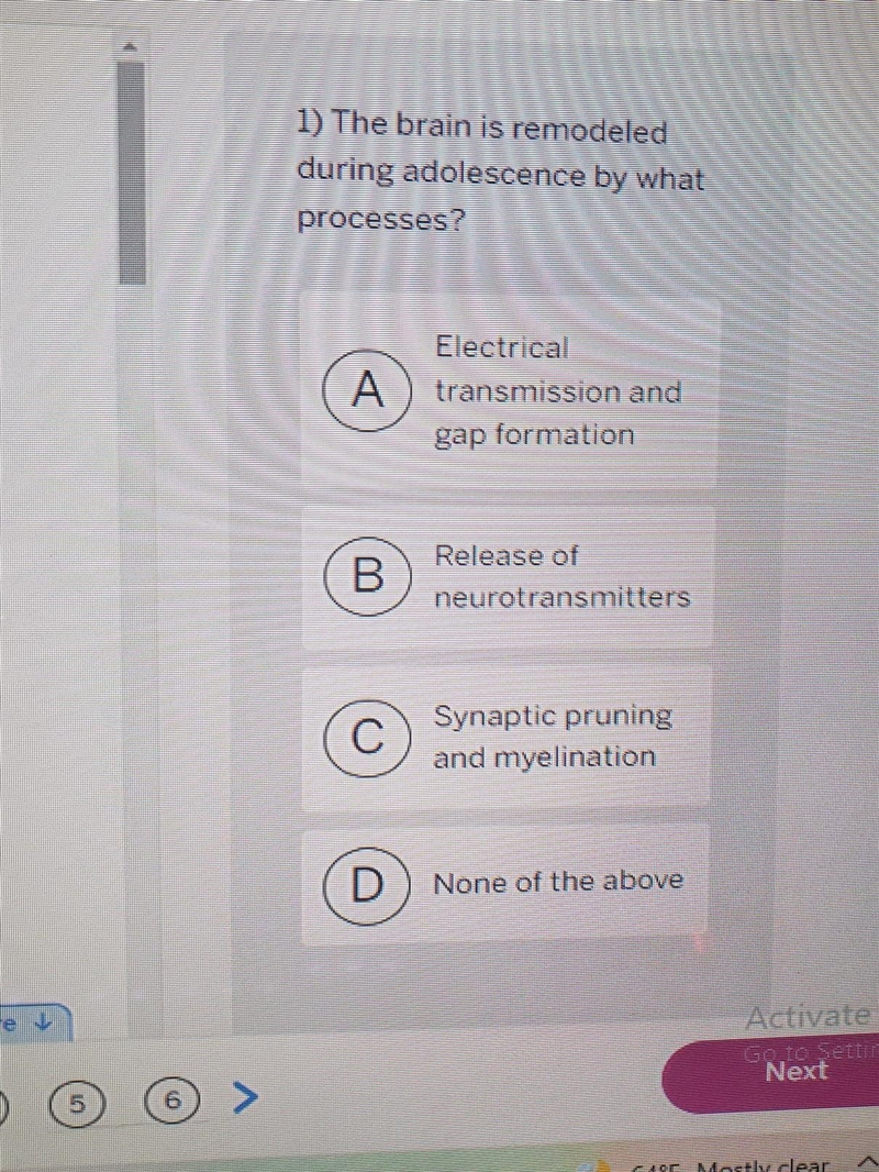 The brain is remodeled during adolescence by what processes? A. electrical transmission-example-1