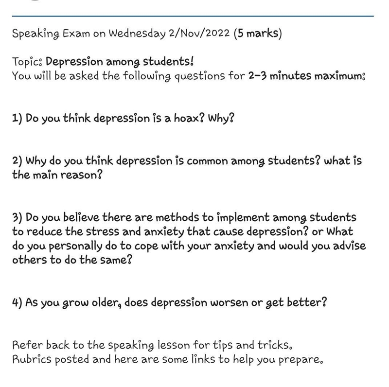 Guys I have a final speaking tommorrow about depression among students any ideas? ​-example-1