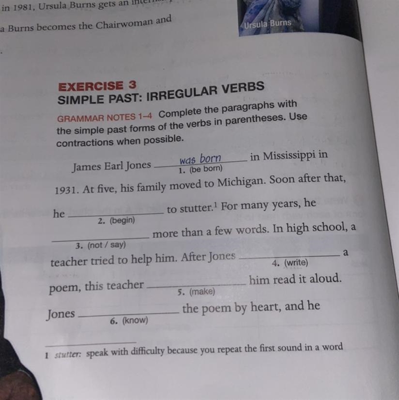 Complete the paragraphs with the simple past forms of the verbs in parentheses. Use-example-1