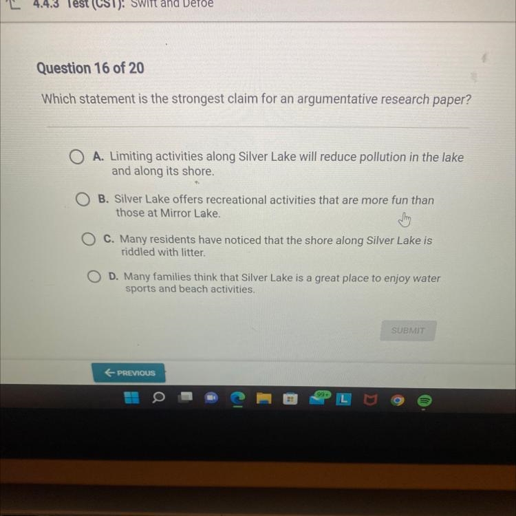 Which statement is the strongest claim for an argumentative research paper?-example-1