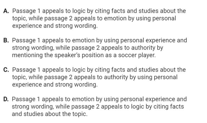 Please Help! Which statement best compares the ways that the two arguments use appeals-example-2