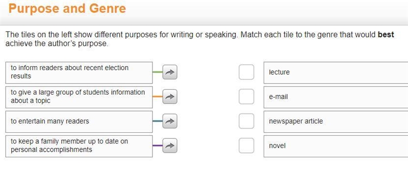 The tiles on the left show different purposes for writing or speaking. Match each-example-1