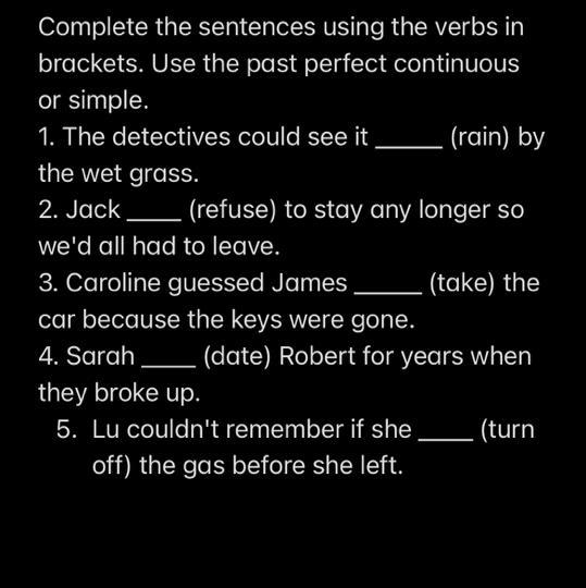 Complete the sentences using the verbs in brackets. Use the past perfect continuous-example-1