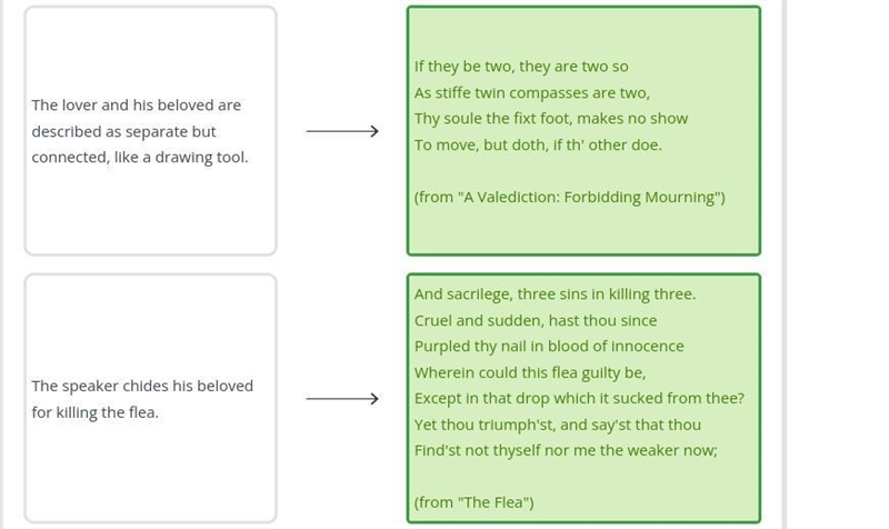 Drag each tile to the correct box. Match the lines from John Donne’s poems with their-example-2