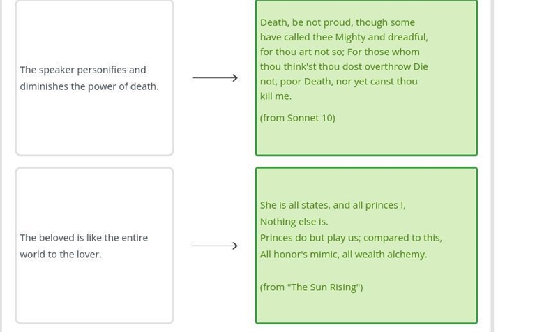 Drag each tile to the correct box. Match the lines from John Donne’s poems with their-example-1