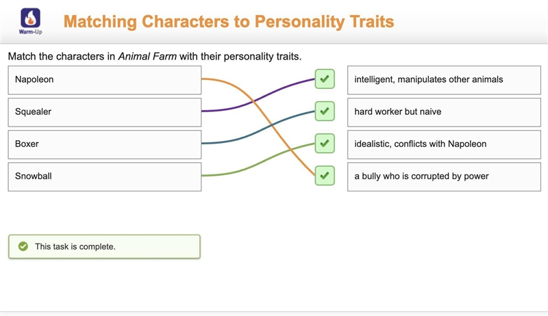 Match the characters in animal farm with their personality traits-example-1