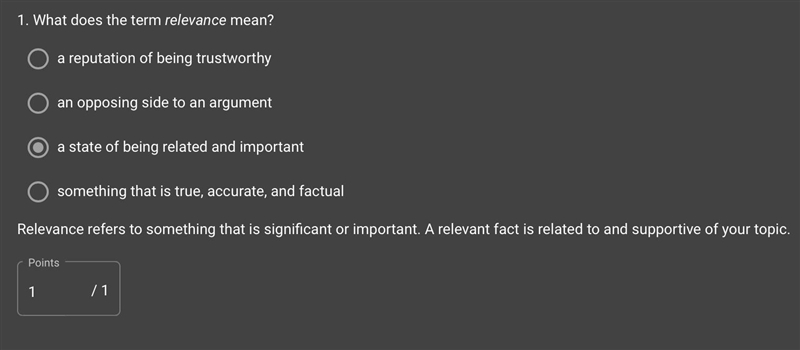 What does the term relevance mean? A. an opposing side to an argument B. a reputation-example-1