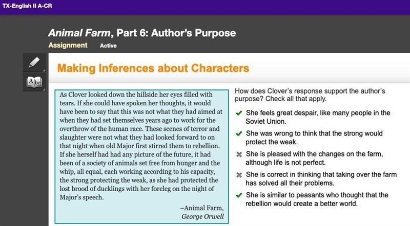 How does clover’s response support the author’s purpose? check all that apply. she-example-1