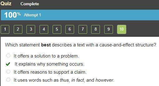 Which statement best describes a text with a cause-and-effect structure? It offers-example-1