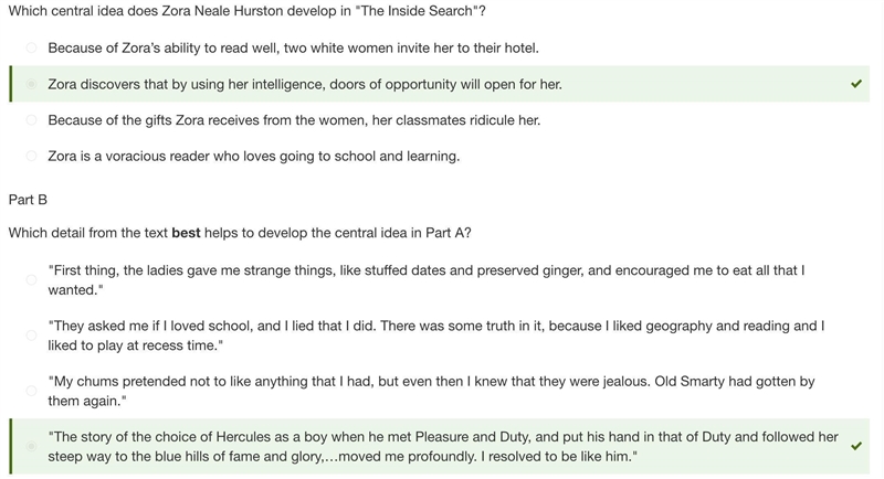 Which central idea does zora neale hurston develop in "the inside search&quot-example-1