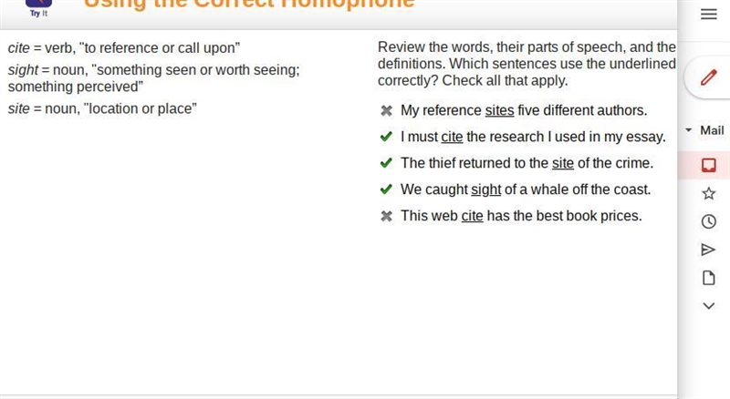 Review the words, their parts of speech, and their definitions. Which sentences use-example-1