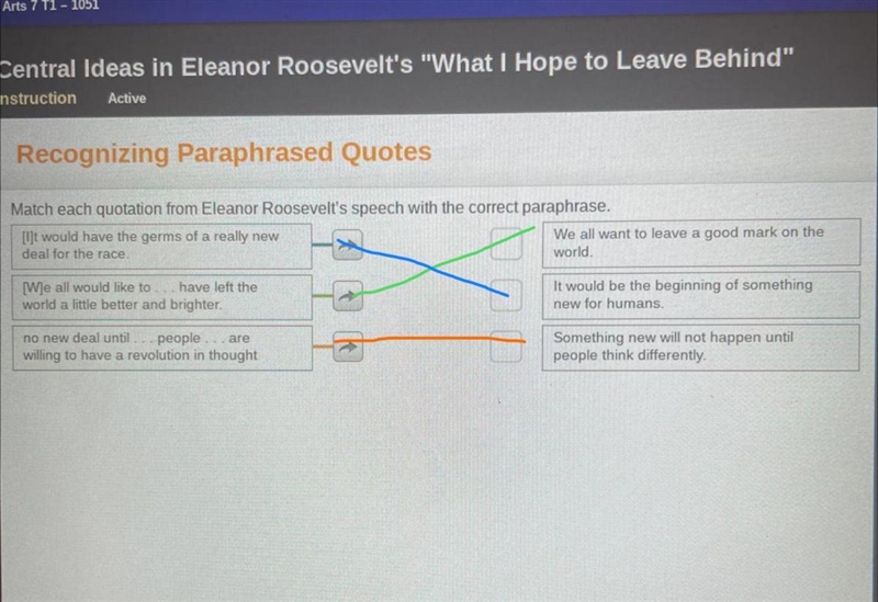 Match each quotation from Eleanor Roosevelt's speech with the correct paraphrase. [I-example-1