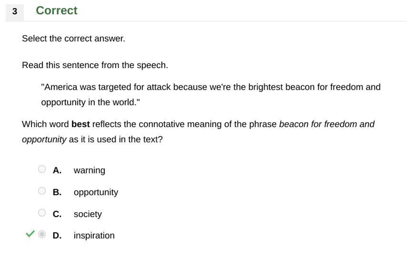 Select the correct answer. Read this sentence from the speech. "America was targeted-example-1