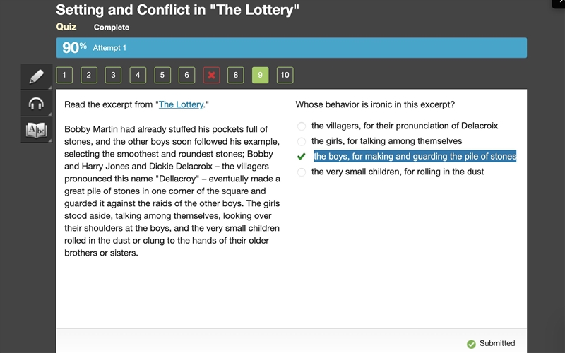 Read the excerpt from "The Lottery." Bobby Martin had already stuffed his-example-1