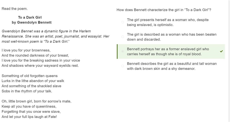 How does Bennett characterize the girl in “To a Dark Girl”? The girl is described-example-1