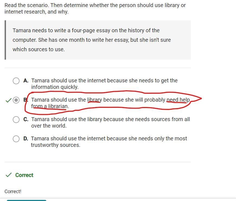 read the scenario. then determine whether the person should use library or internet-example-1