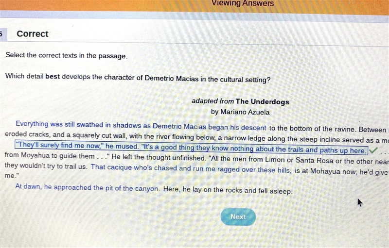 Select the correct texts in the passage. Which detail best develops the character-example-1