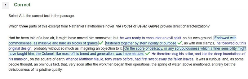 Which three parts of this excerpt from Nathaniel Hawthorne's novel The House of Seven-example-1