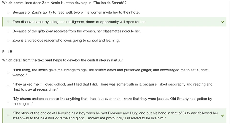 Which central idea does zora neale hurston develop in "the inside search&quot-example-1